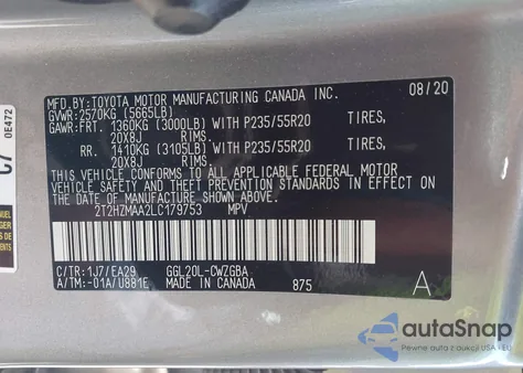 2020 Lexus Rx 350 из США, поврежденный, VIN 2T2HZMAA2LC179753